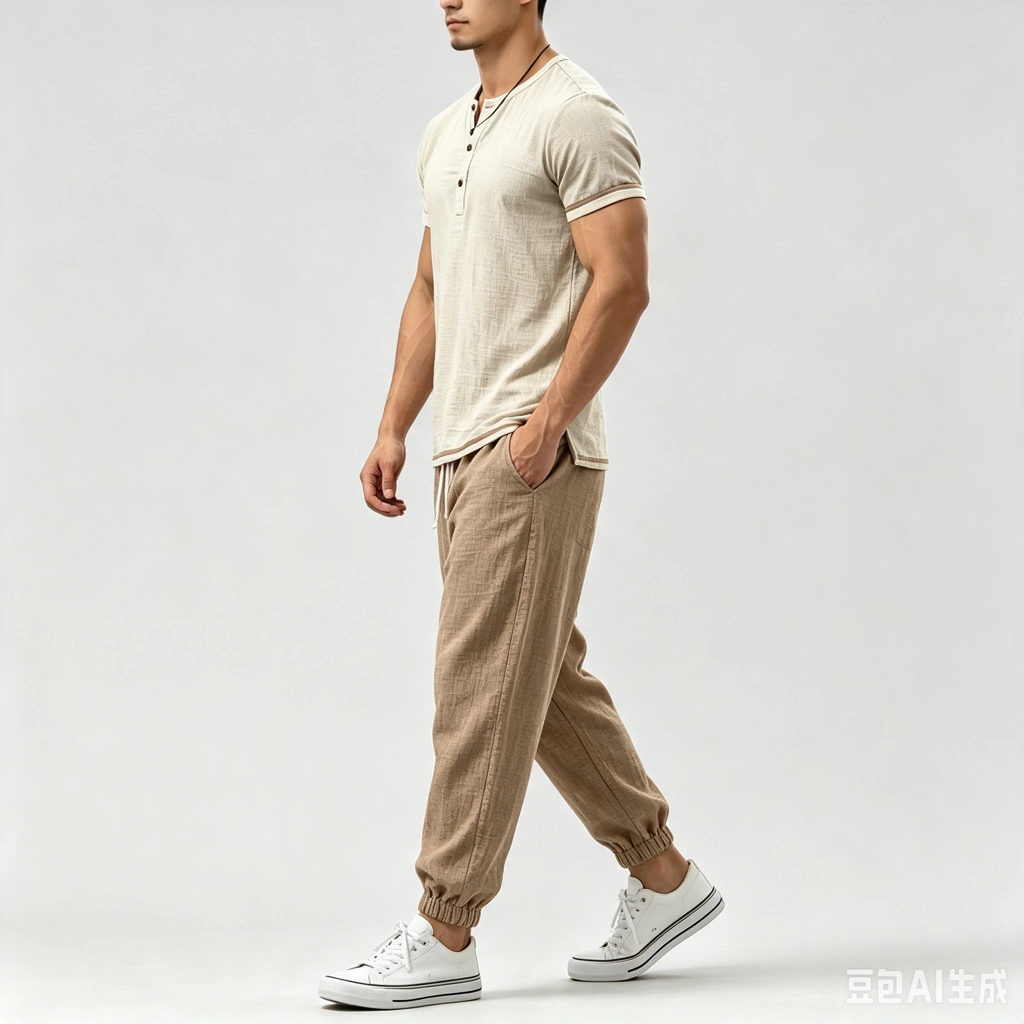 Herren 2-teiliges Freizeitset, einfarbig, Kurzarmhemd mit Knöpfen und lange Hose, Sommer-Outfit, Streetwear-Trainingsanzug – Detail 9