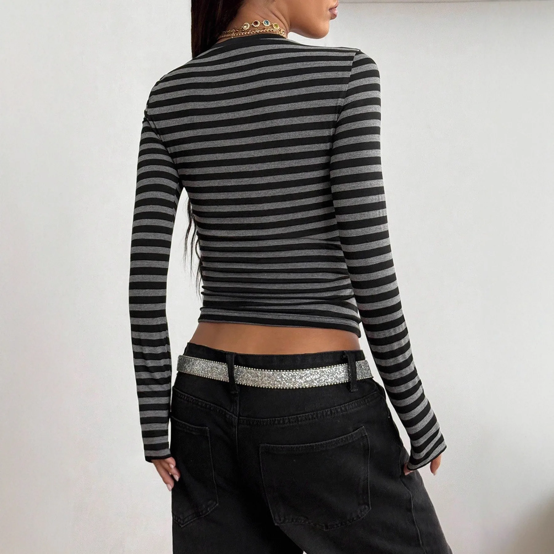 Slim Fit Long Sleeve T Shirt Women Y2K Contrast Striped Top Slimming Effect Base Shirt Casual Streetwear