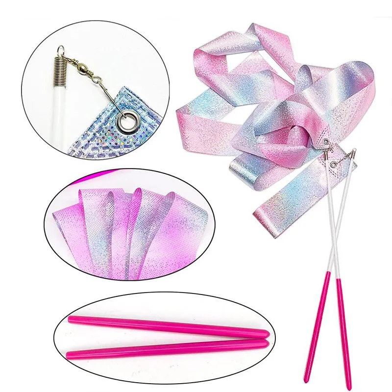 2M/4M Flashing Art Gymnastics Ballet Dance Ribbon with Twirling Stick Glitter Dance Ribbon Kid Sport Training Performance Toys