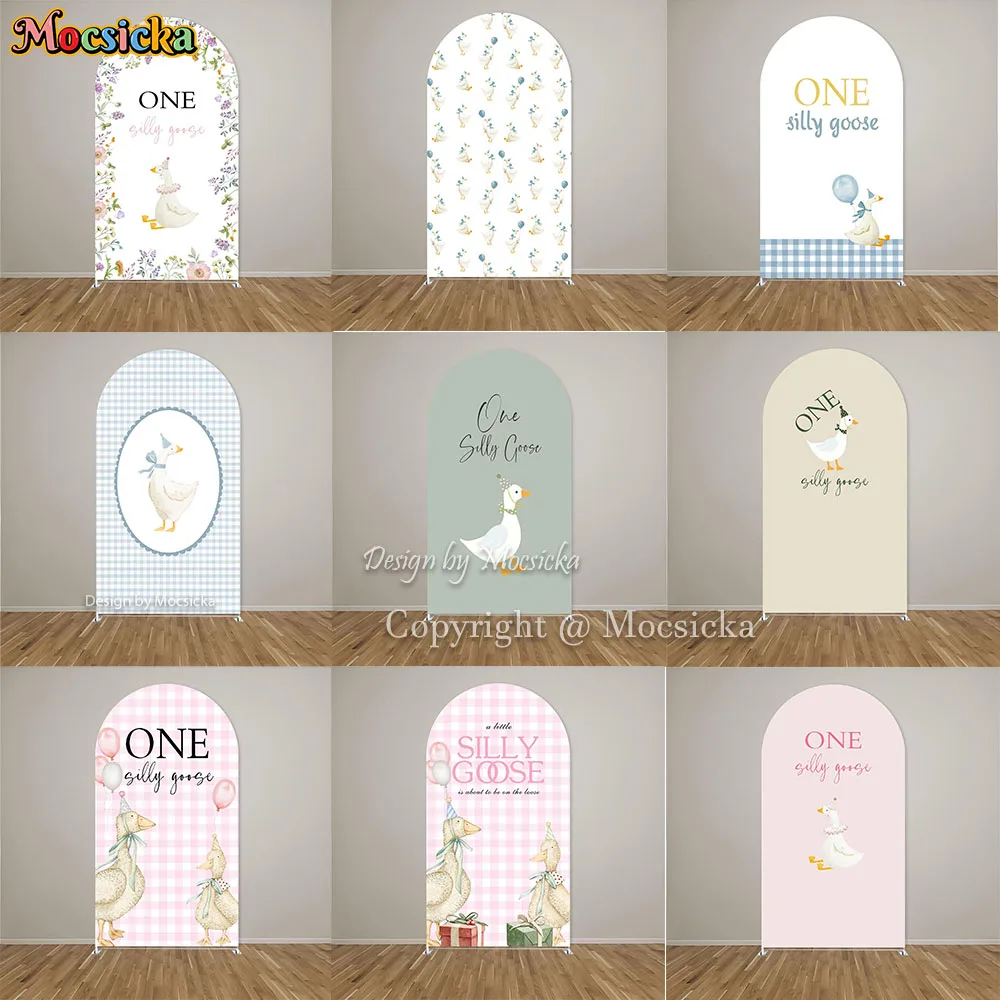 Mocsicka Cute Goose Theme Arch Backdrop Cover “One Silly Goose” Floral Pink Background Kids' 1st Birthday Party Photo Studio
