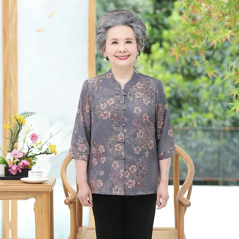 5XL Elderly Women Blouse Spring Summer Three Quarter Sleeves Print Shirts Casual Female Cardigan Tops Grandmother Blusa W2786