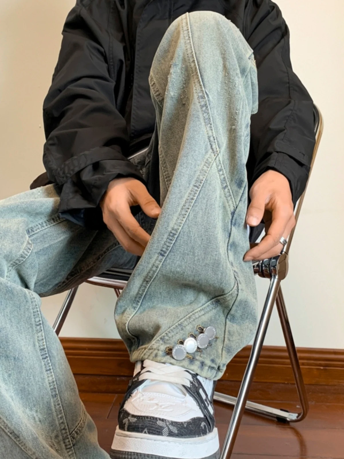 

Cleanfit Men's Slim Fit Straight Leg Jeans Button Detail American High Street Sle Micro Flare Pants Trendy Youthful Vitali