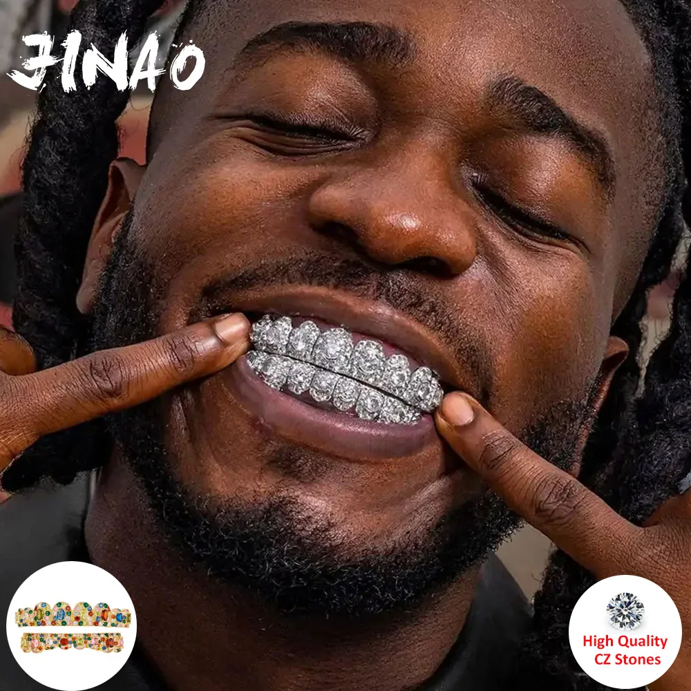 JINAO Hip Hop Full Iced Out 8 Teeth round Colourful Set Grillz Men Women Top&Bottom Grill Punk Rapper Halloween FLame Cosplay - view 2