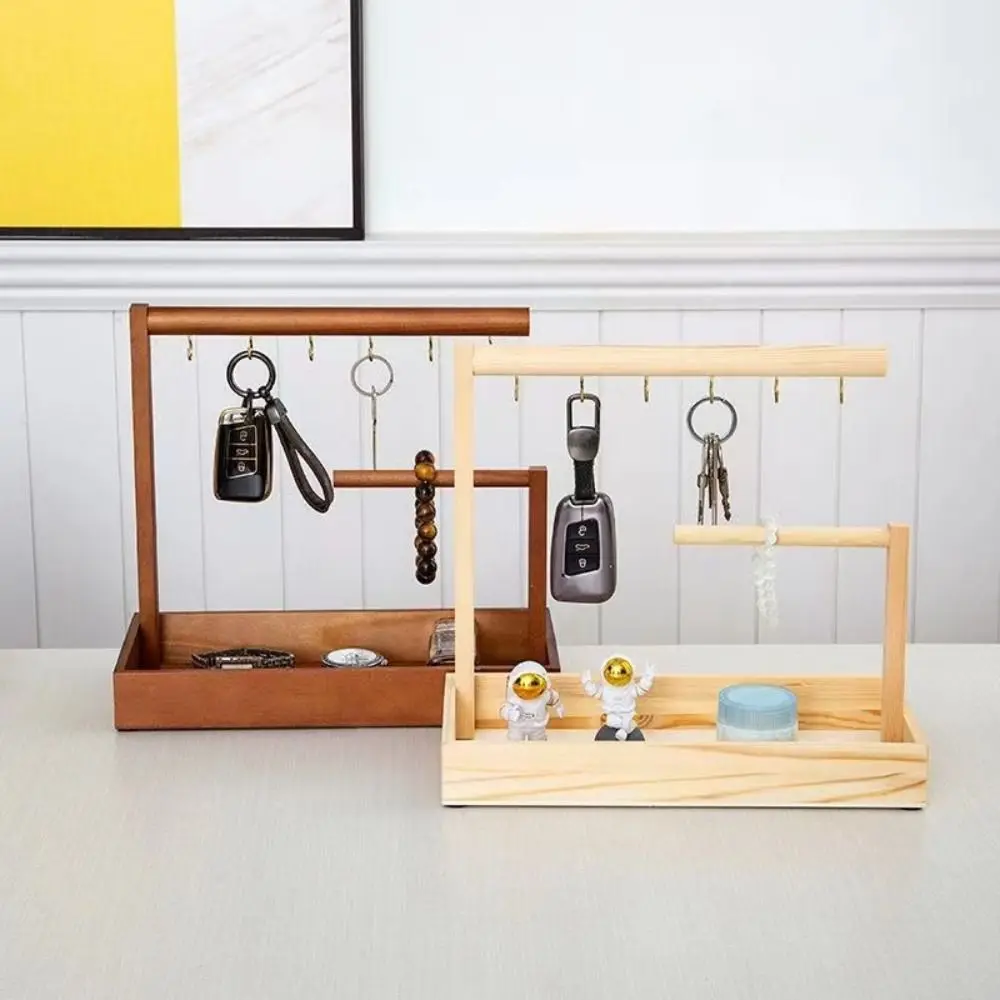 

Multi-Function Wooden Key Storage Rack Creative Simple Jewelry Display Plate High-capacity with Hooks Desktop Tray