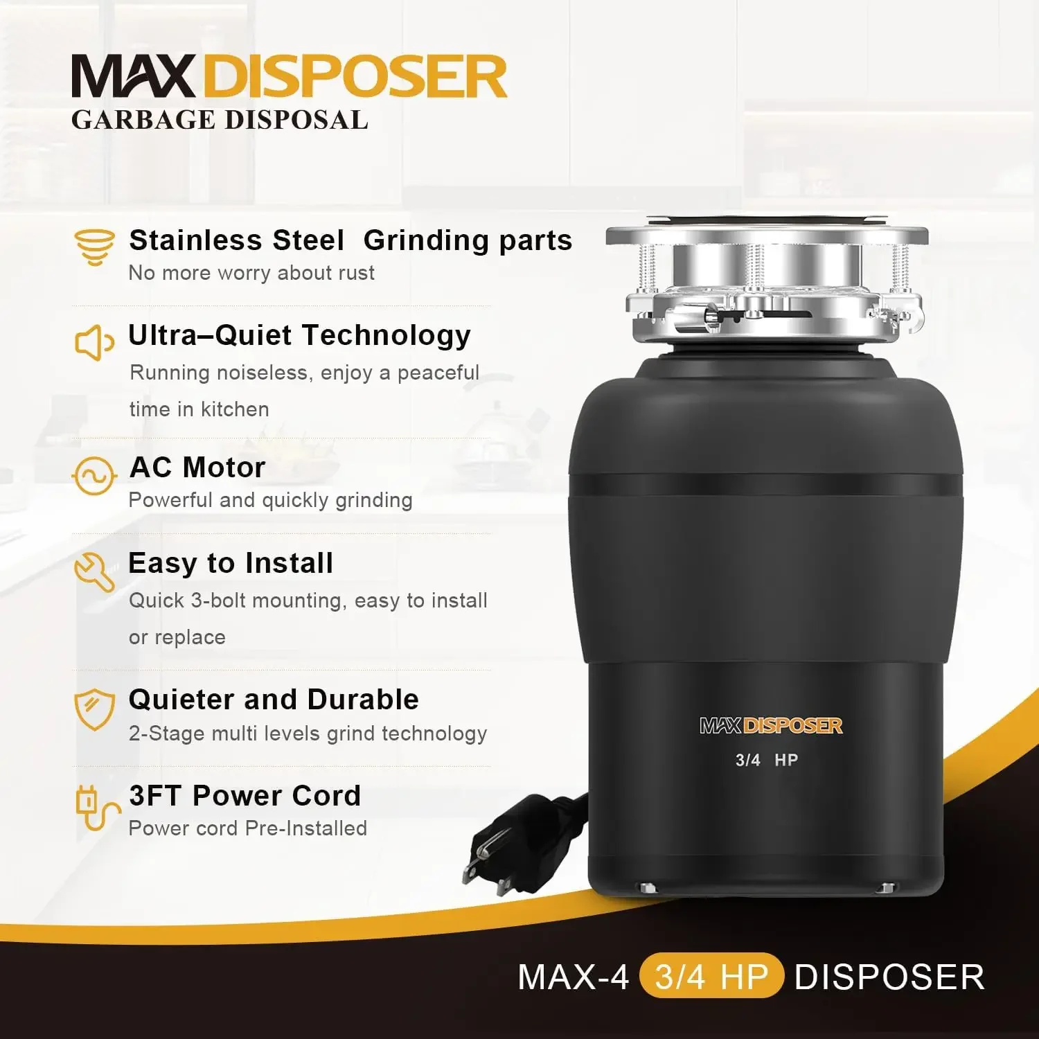 Disposal 3/4 HP for Kitchen sink Quiet with Stopper Power Cord, Easy install, Continuous Feed Food Waste Disposer