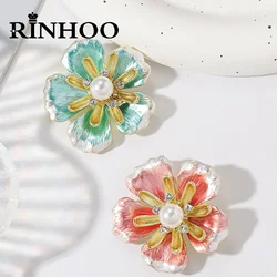 Rinhoo Elegant Imitation Pearl Blue Red Enamel Flower Brooches For Women Beautiful Floral Lapel Pins Plant Badge Wedding Jewelry