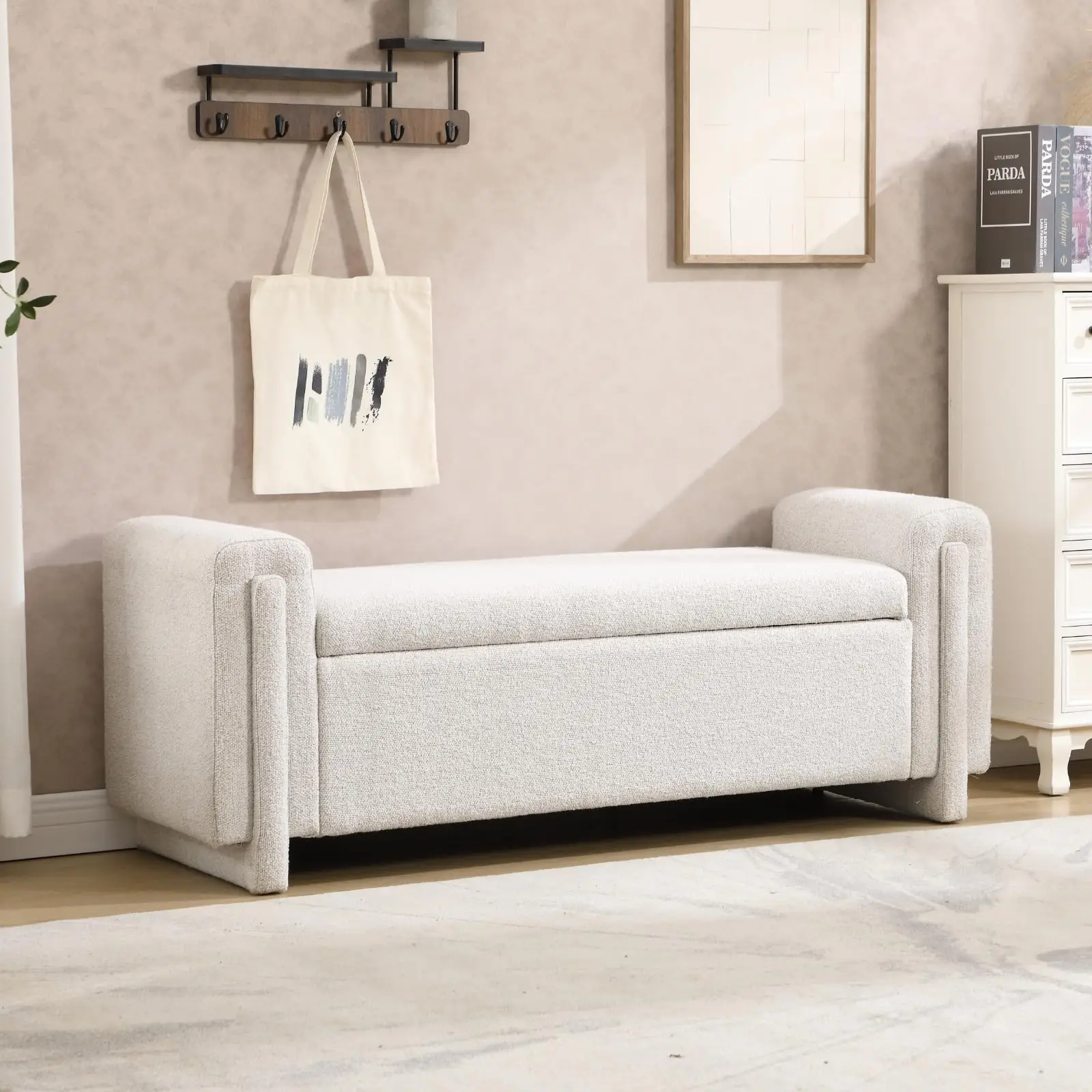 Modern Ottoman Bench with Storage, 58 Inches Boucle Fabric Upholstered End of Bed Bench with Armrests, Comfy Padded