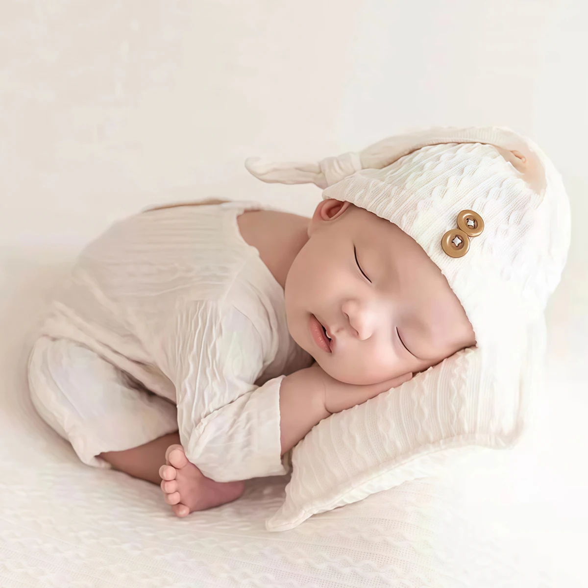 Ylsteed Knitting Newborn Boy Photography Outfit Romper with Wooden Buttons Baby Photo Props Photo Shooting Bodysuit Beanies