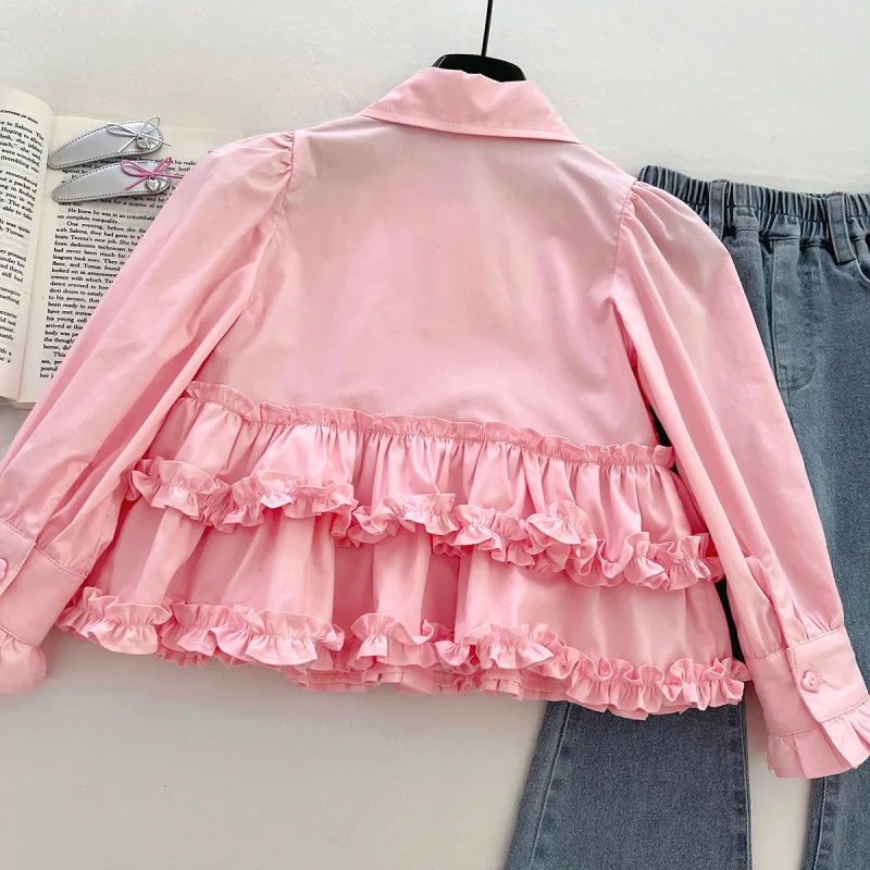 

2025New Autumn Style Girls' Long Sleeve Fake Two-Piece Denim Pants Baby Elegant Outfit