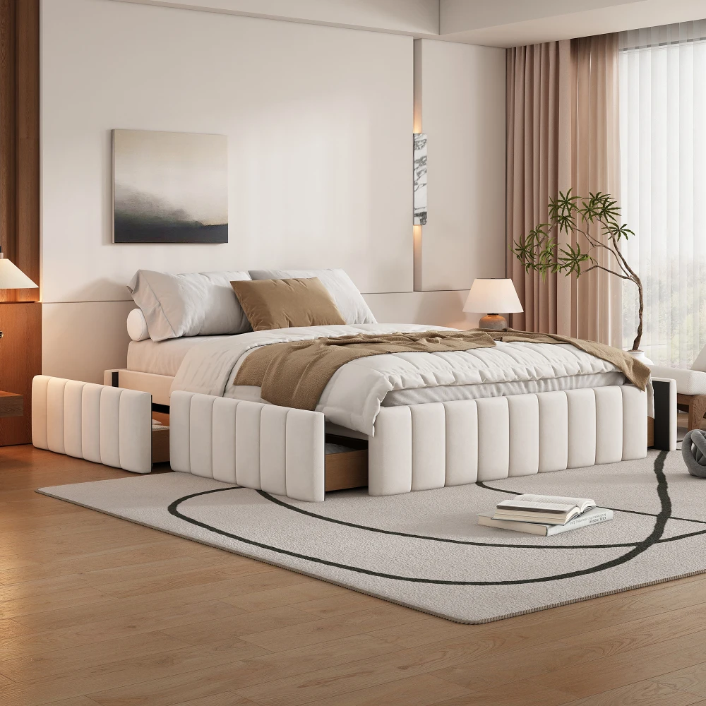 Cama tapizada, cama doble de diseño con base de listones (sin colchón), estructura de cama, sin cabecero, diseño minimalista, color beige