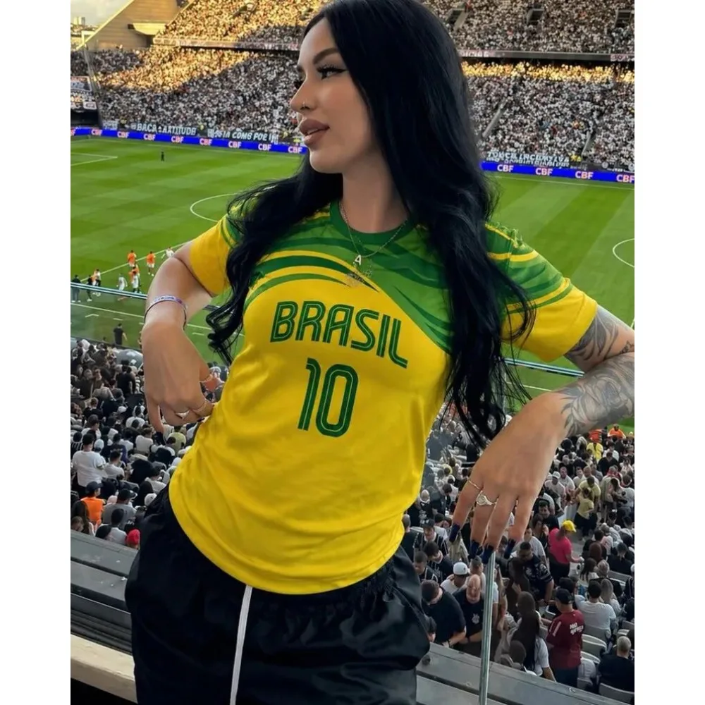 Women Brasil 00 Soccer Jersey Retro V-Neck Short Sleeve Breathable Mesh Loose Fit Y2K Streetwear Casual Football Shirt T-shirt