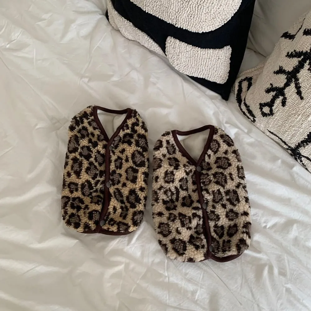 Winter Leopard Print Teddy Cotton Dog Vest, Backless Sleeveless Jacket for Small & Medium Dogs (Maltese, Cats)