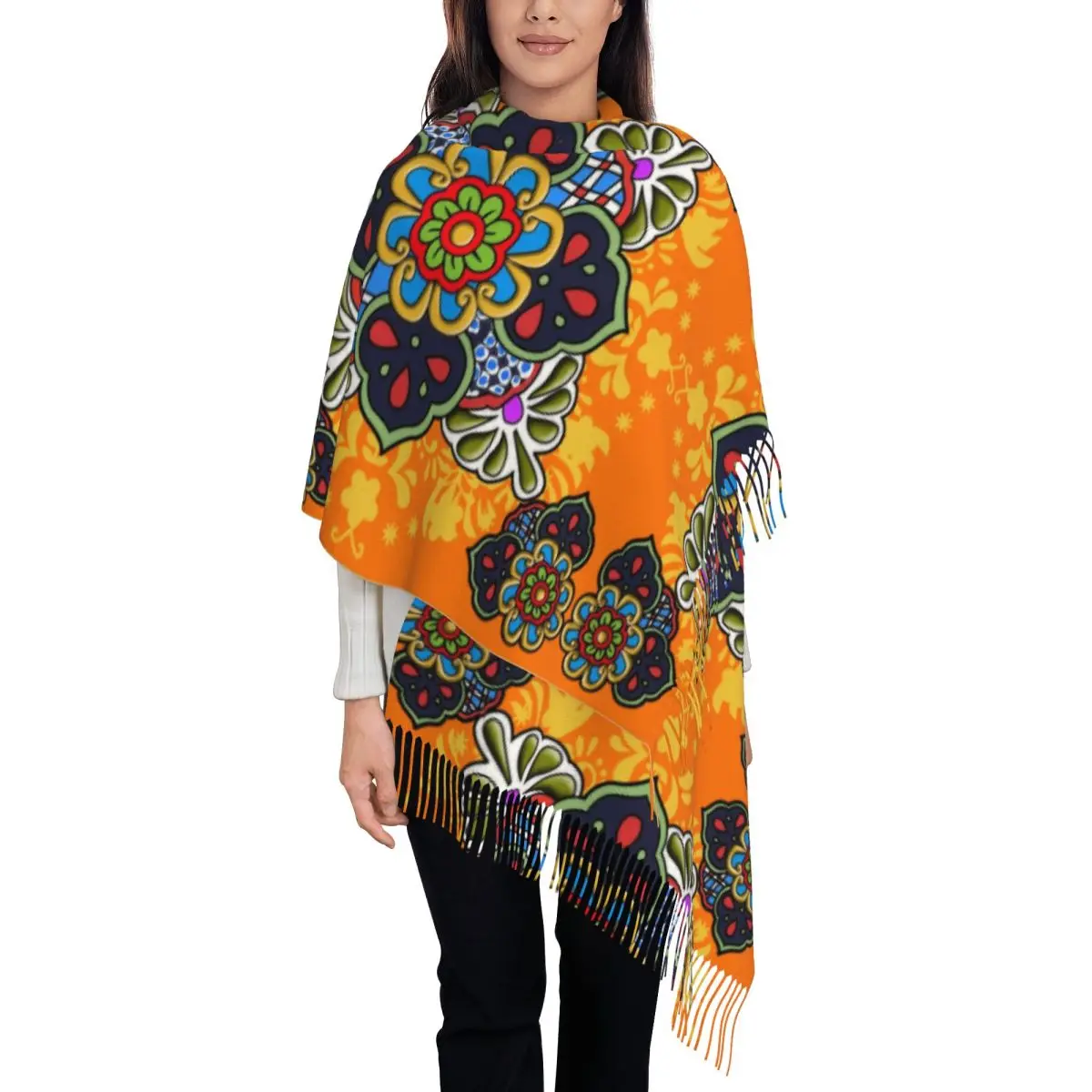 

Мексиканский шарф с кисточками и цветком Талавера, керамическая плитка, женский мягкий платок, женские зимне-осенние шарфы