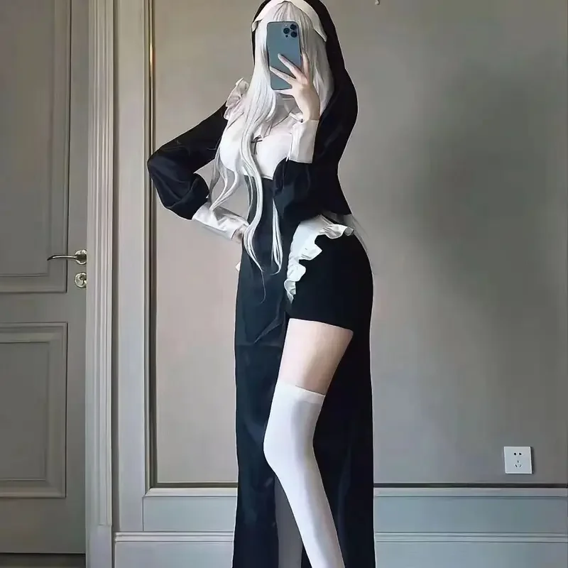 Disfraz de monja de Anime para mujer, uniforme de NUS sexy, vestido negro, disfraces diarios de Halloween