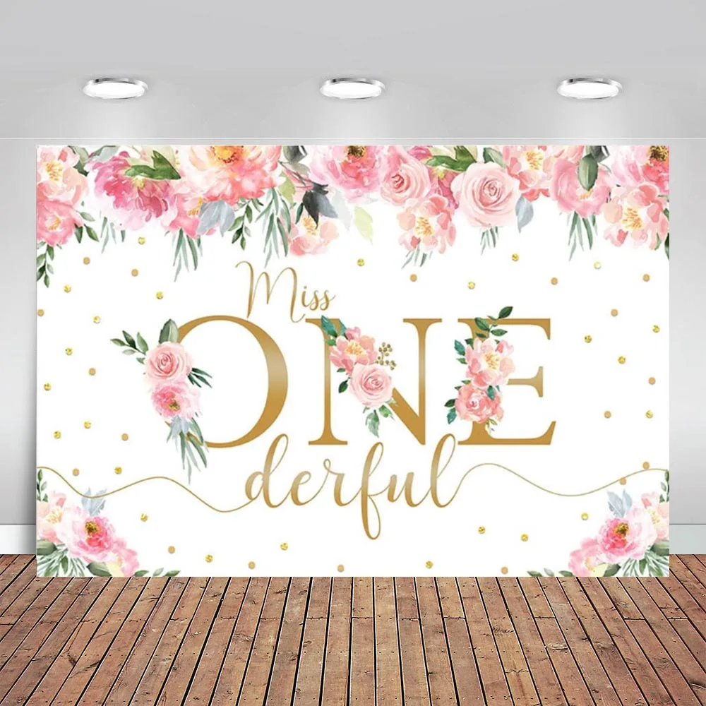 

Miss Onederful Backdrop for Girl 1st Birthday Miss Onederful Party Decorations Banner Pink and Gold Floral Photo Background