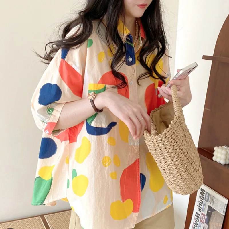 

Lovely Shirts for Women Loose Korean Style Ins Colorful Niche Summer Turn-down Collar College Holiday Printed Simple Popular