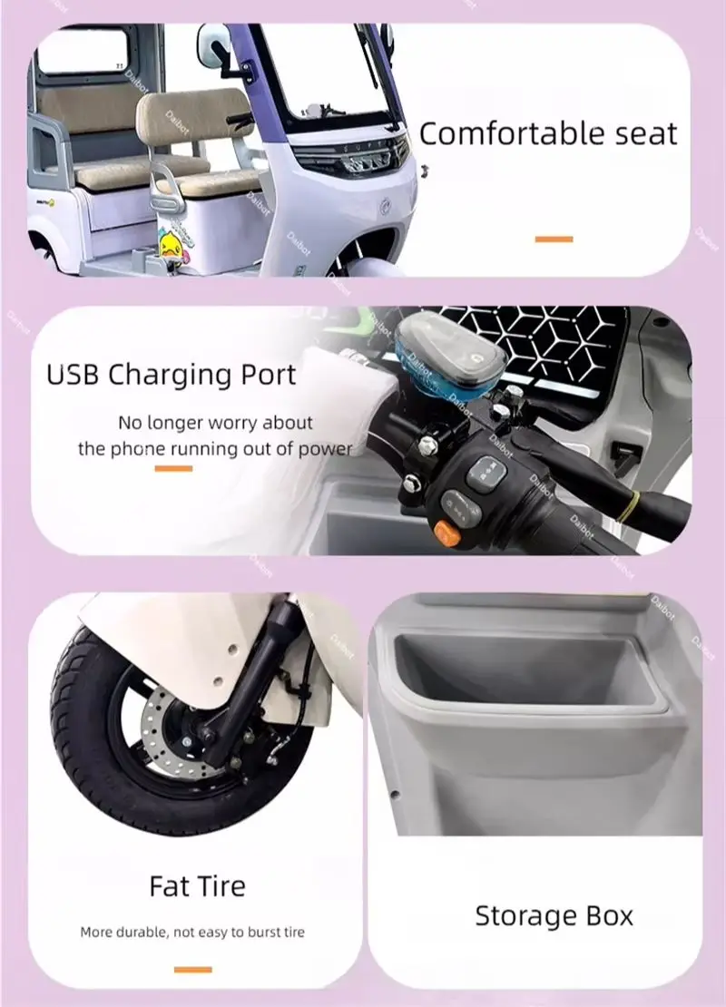 노인을 위한 3륜 이동성 전기 스쿠터 화물 3인승 800w 성인 전기 세발자전거(승객석/창고 USB 충전 포함)