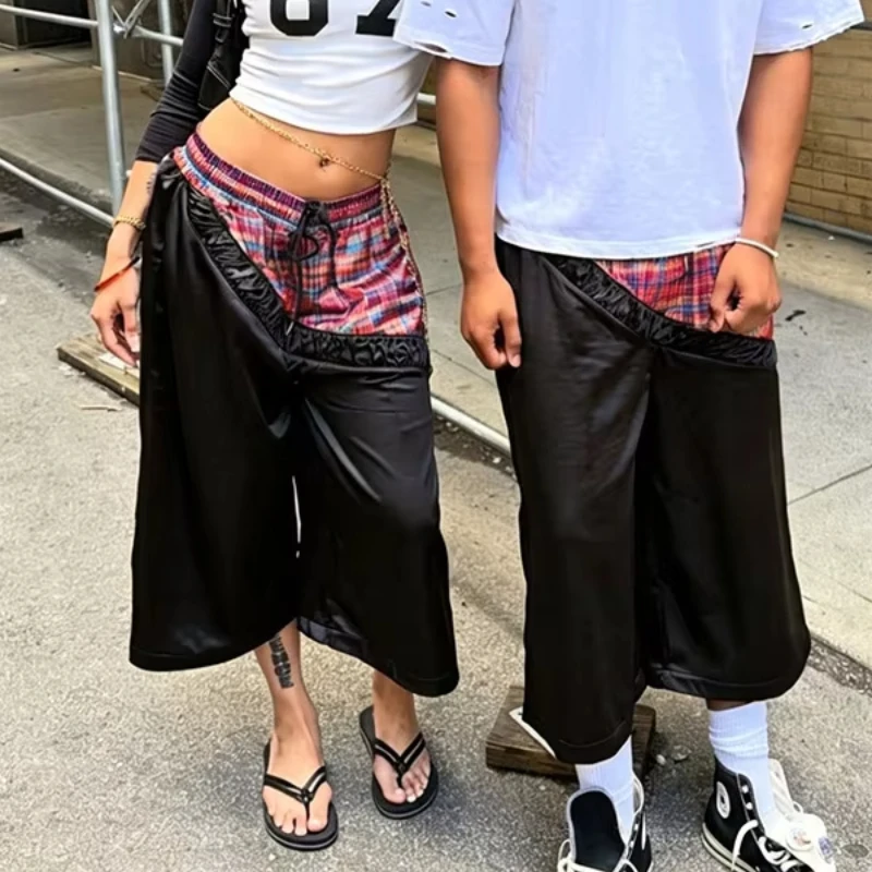 Y2k Fashion Trend Hip Hop Street Corner Plaid Splice Satin Five-Point Shorts Irregular Drawstring Elastic Wide Leg Pants Women