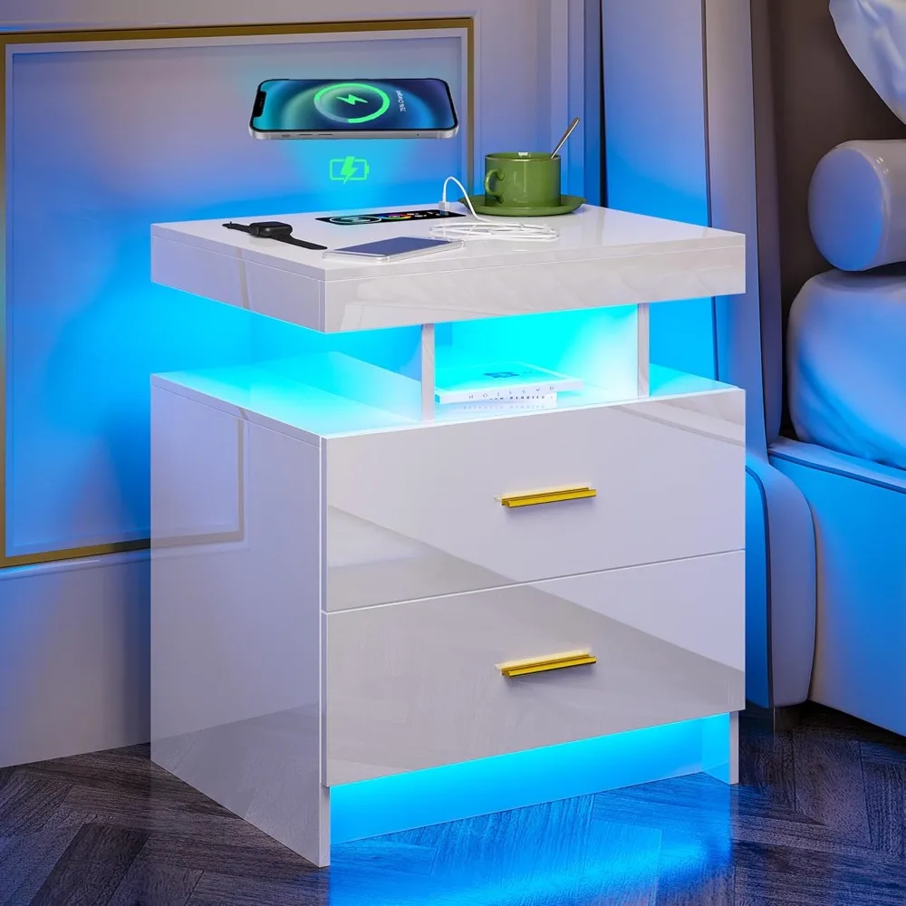 

LED Nightstand, RGB White Night Stand with USB/Wireless Charging Station, End Side Table with 2 Drawer for Bedroom Furniture