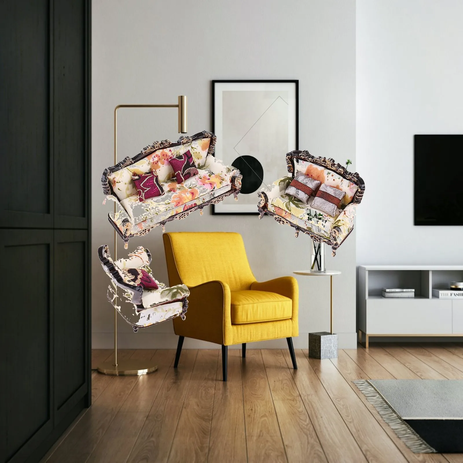 Miniature Living Room Sofa Set 1 25 Scale Dollhouse Furniture Couch with Pillow for Sand Table Scene