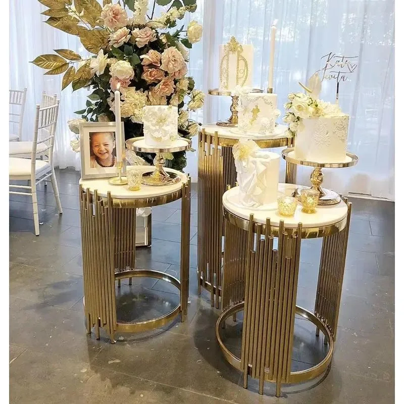 The most popular three-piece stainless steel custom color modern cylindrical base wedding flower cake display set Link-trip