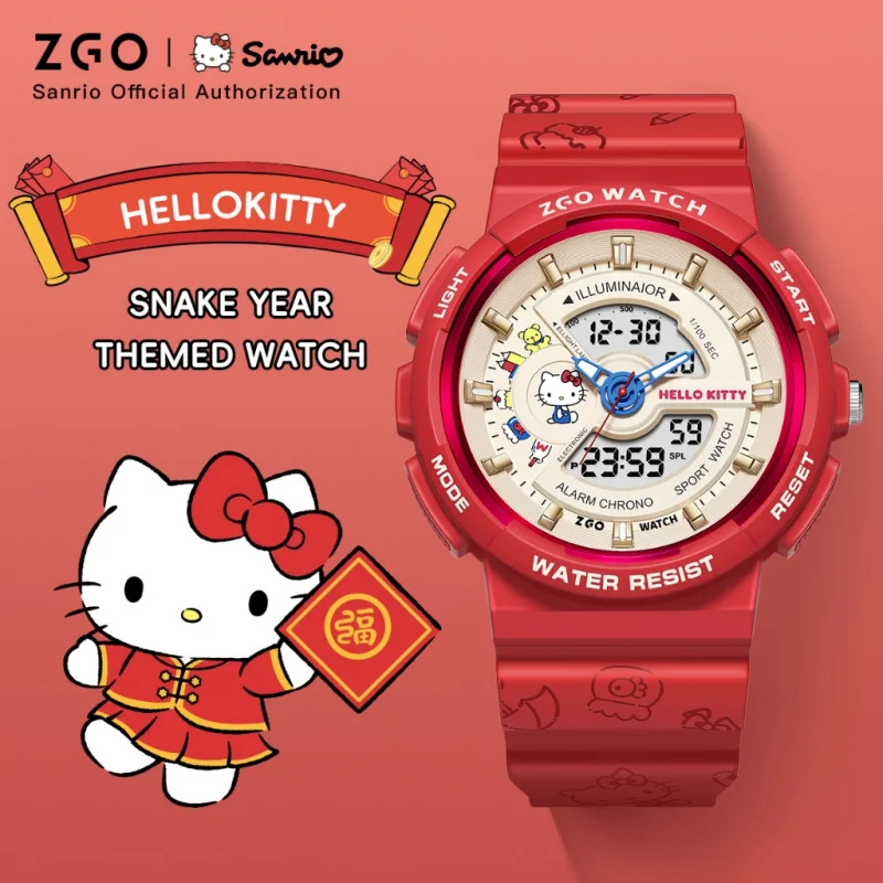 Reloj Digital ZGO Sanrio Hello Kitty para mujer, reloj electrónico rojo multifuncional deportivo resistente al agua para regalo de estudiantes 8573