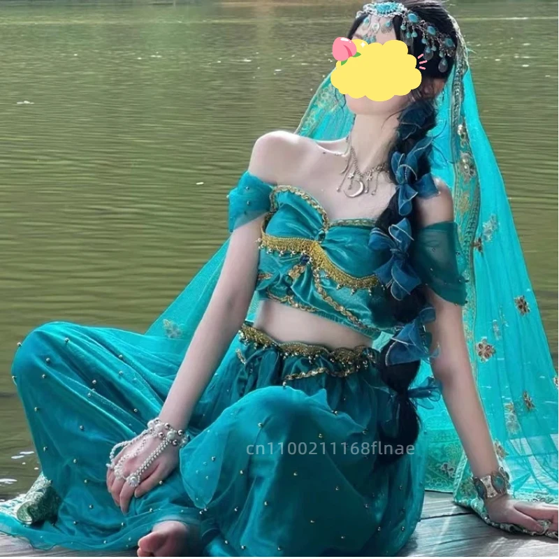 Disfraz de danza del vientre para mujer adulta, conjunto de princesa de Anime de Halloween para actuaciones en escenario y fiestas, conjunto de 4 piezas