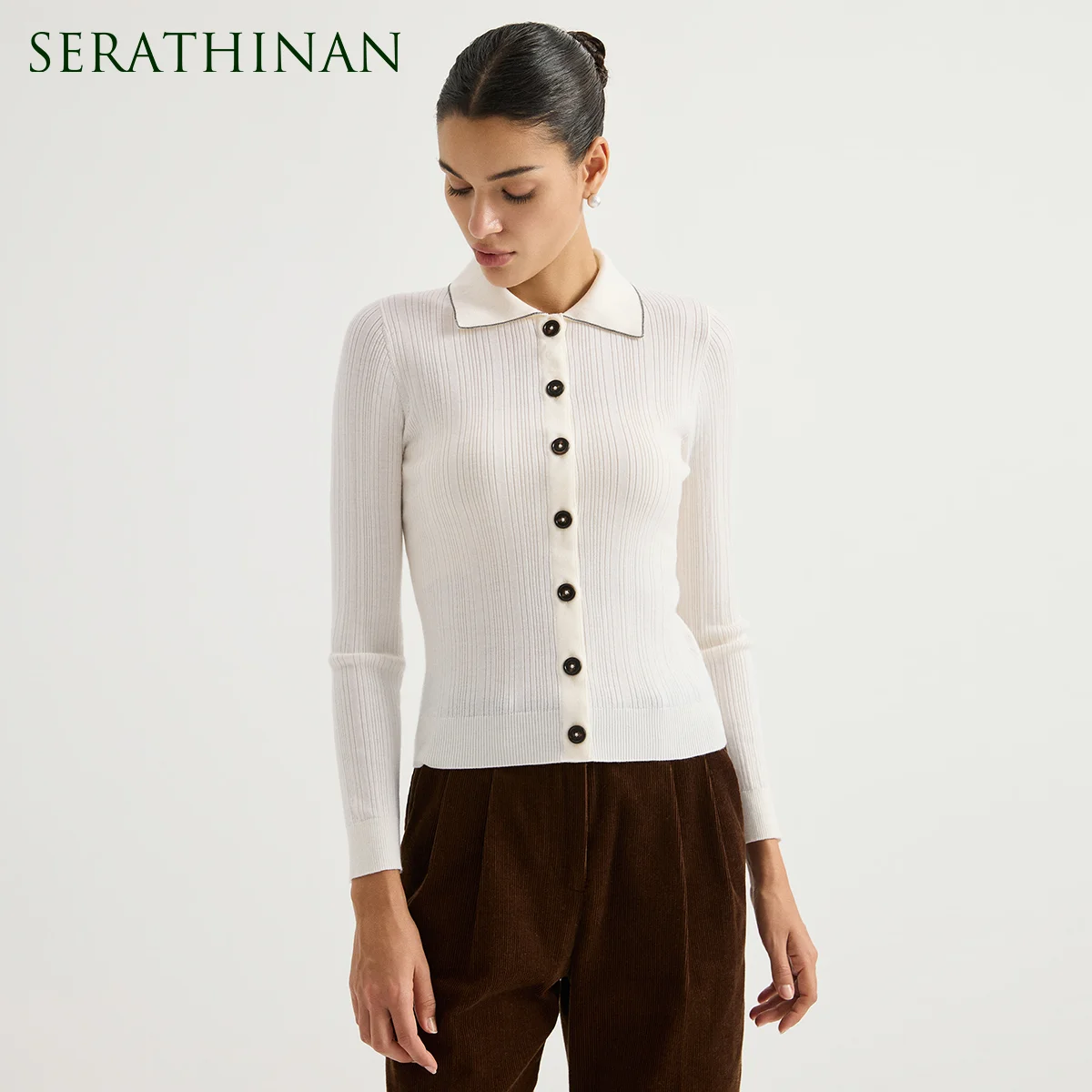 BY3621708 Women's Polo Collar 100% Wool Textured Rib Cardigan Long Sleeve Collar Chain Trim Resin Button Quiet Luxury Fall