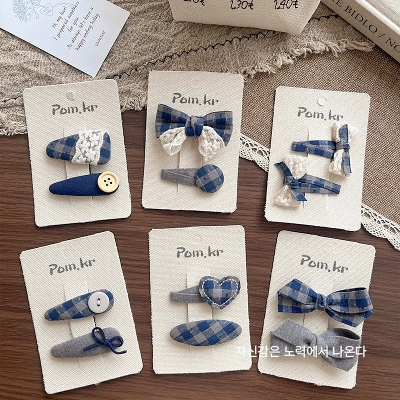 

Baby Girls Hair Clips Children Grey Blue Hairpin Plaid Print Fabric Covered Side Clip Cute Korean Style Hair Accessories