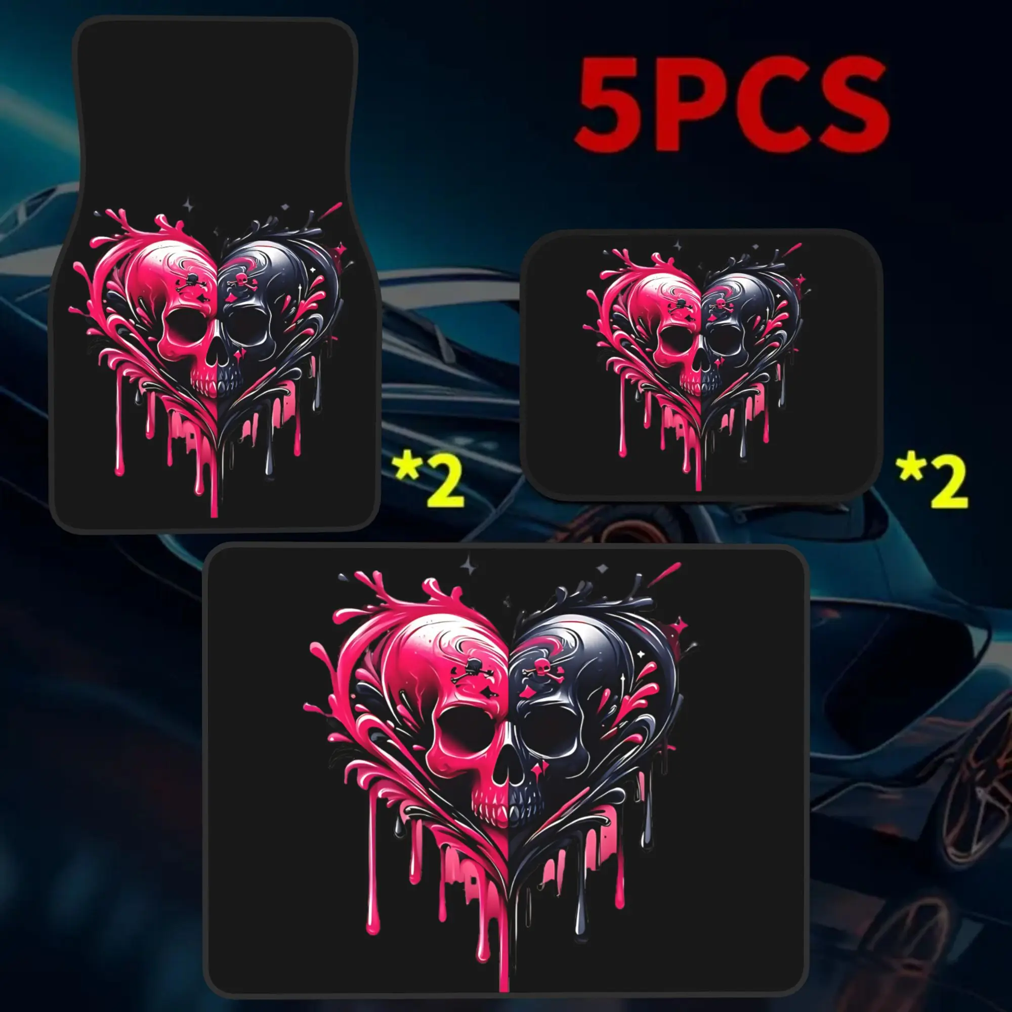 2D Flat Printing 5pcs Dripping Paint Skull Heart Printed Car Mats Set (4 Floor Mats And 1 Trunk Mat), Made Of Durable Polyester
