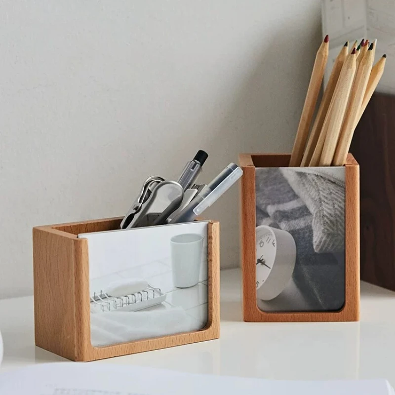 ✨ Beech Wood Photo Memo Holder, Desk Organizer, Wooden Pen Cup with Card Slot for Office, Desktop Memory Display Stand