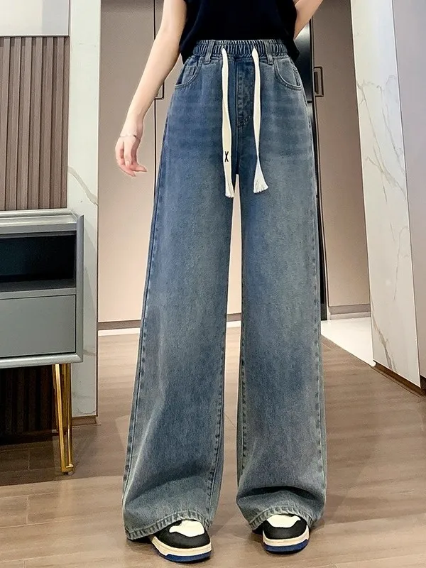 High Waist Fleece Lined plus Size Wide Leg Jeans Women's Straight Cut Slimming Denim Trousers for Students Autumn Winter