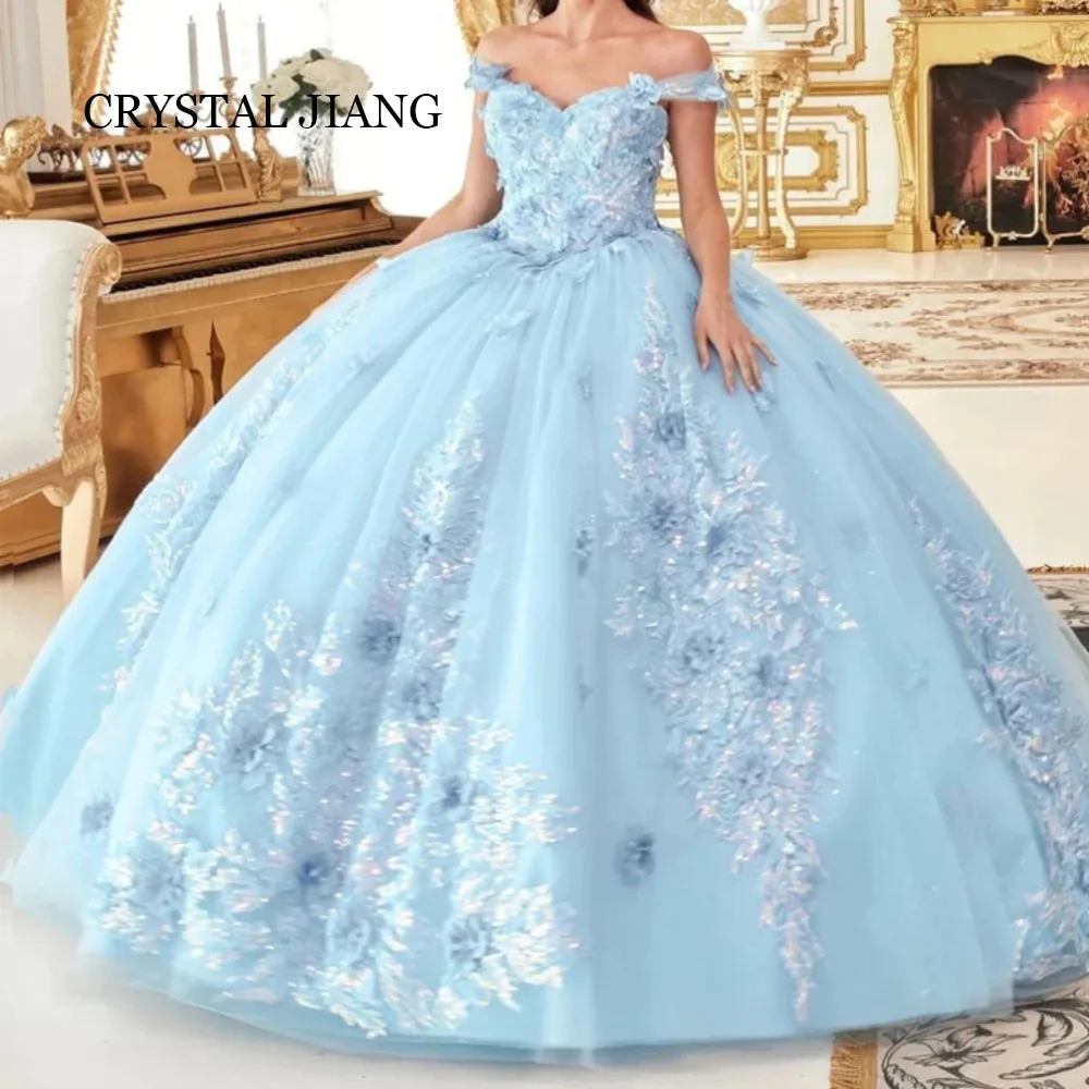 

Classy Long Sky Blue Off the Shoulder Quinceanera Dresses with Appliques Ball Gown Floor Length Vestidos De 15 Quinceañera