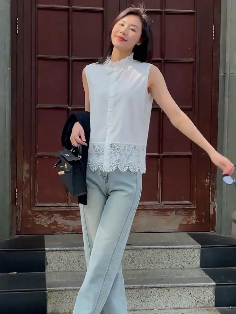 Reine Farbe Spitze Patchwork Einzigen Taste Sommer irt Slim Fit Svel Weste Koreanische Sle Pendeln Wind Gerade Rohr irt