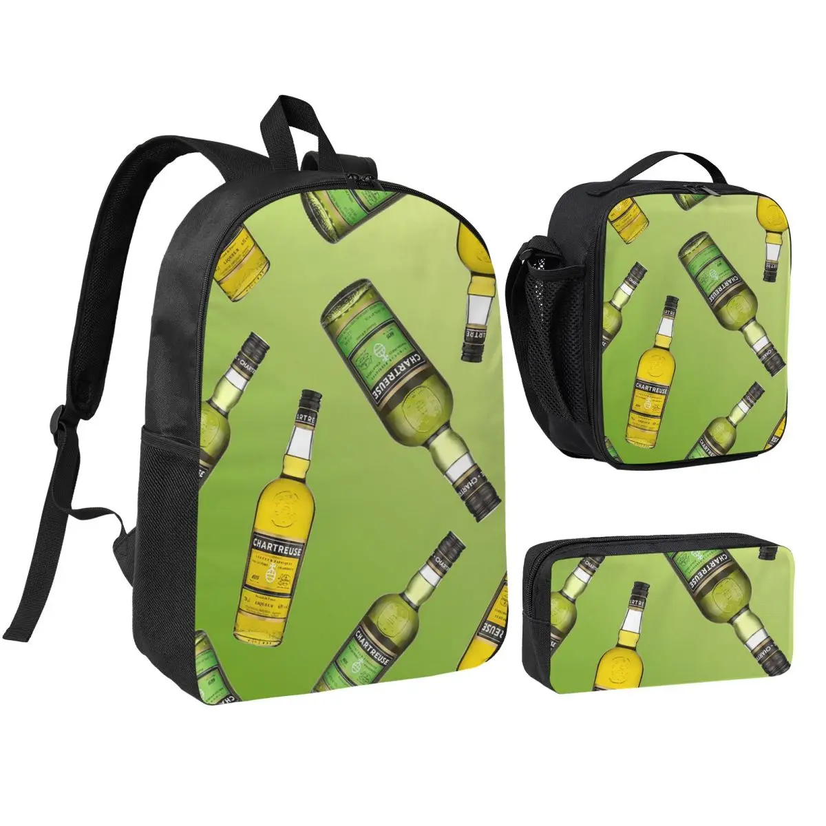 

Green Chartreuse Bottle Oil Painting Drink Backpack BookBag School Bag Shoulder Bags 3ps Insulated Lunch Bag Pencil Case