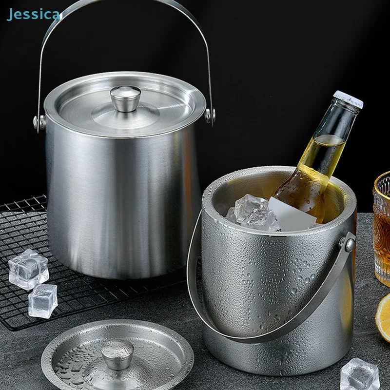 ♥ Eiskübel aus Edelstahl mit Deckel und Griff – isolierter Barschaufel zum Kühlen von Getränken (Bier, Wein, Getränken)