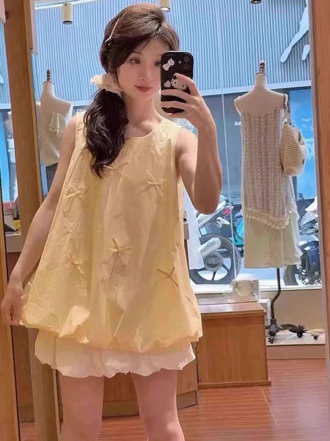 Mignon doux fille Fre Sle Svel haut jaune étudiant gilet fleur jupe Ensemble été Faion femmes ort jupe Ensemble