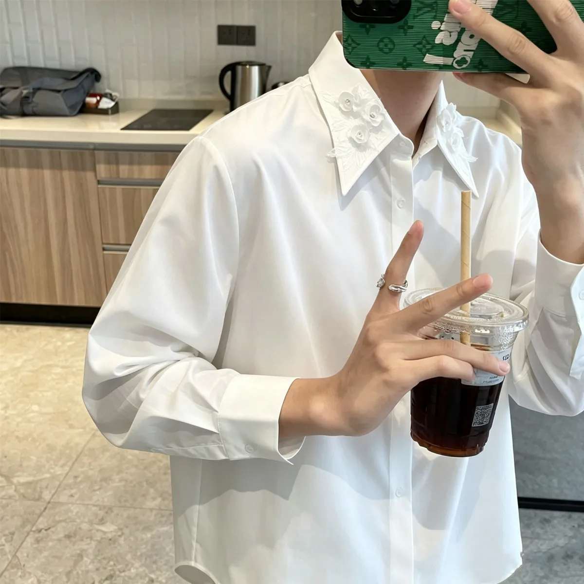 Casual White Long Sleeve Men's Shirt Standard Fit Inner Wear Spring Autumn Japanese Style Simple Collar Embroidery Versatile ...