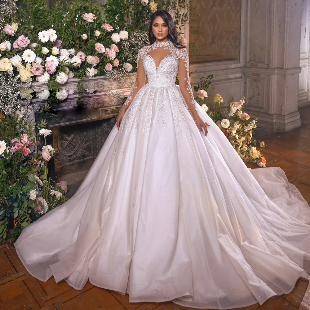 

Elegant Ball Gown Princess Wedding Dresses 2023 High Neck Long Sleeve Vestido De Novia Lace Beaded Appliques Robe De Mariee