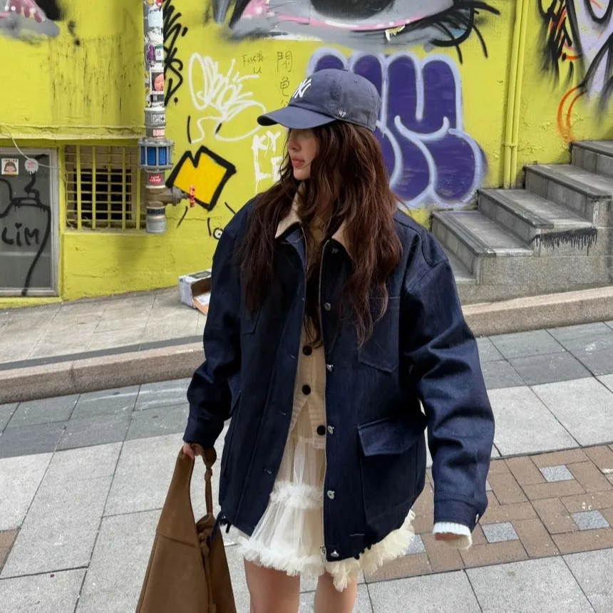 

East Gate Vintage Women's Denim Jaet Color Blo PU Leather Casual Faionable Long Sve Coat for Ladies Daily Wear