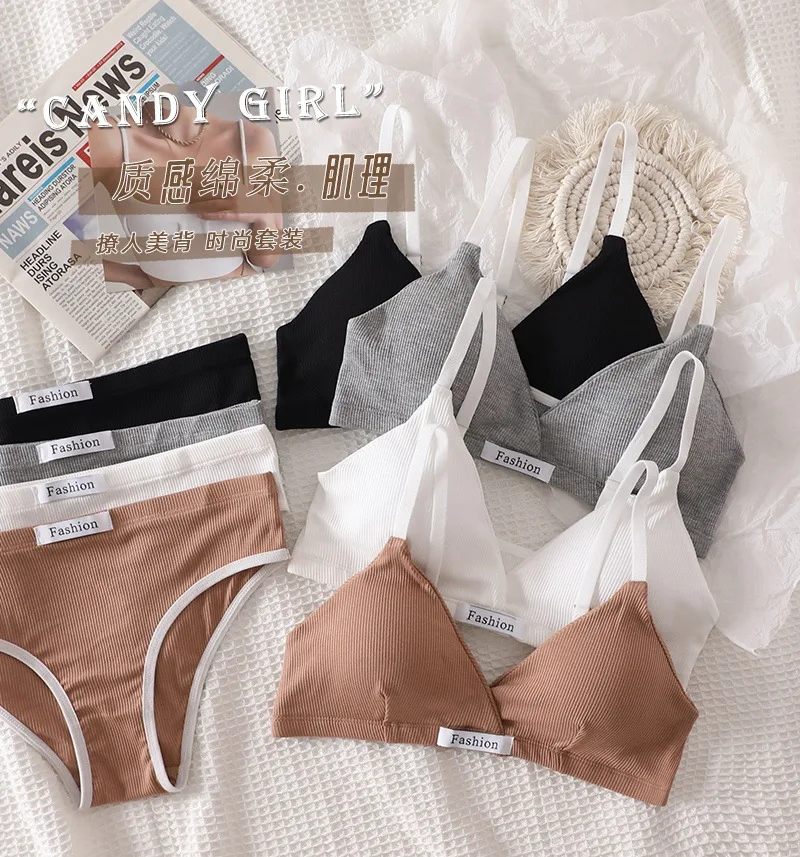 Women Cotton Seamless Bra Set Low Waist Panties Nonwire Bralette Sexy Lingerie Set Vneck Brassiere Female Sport Underwear Set