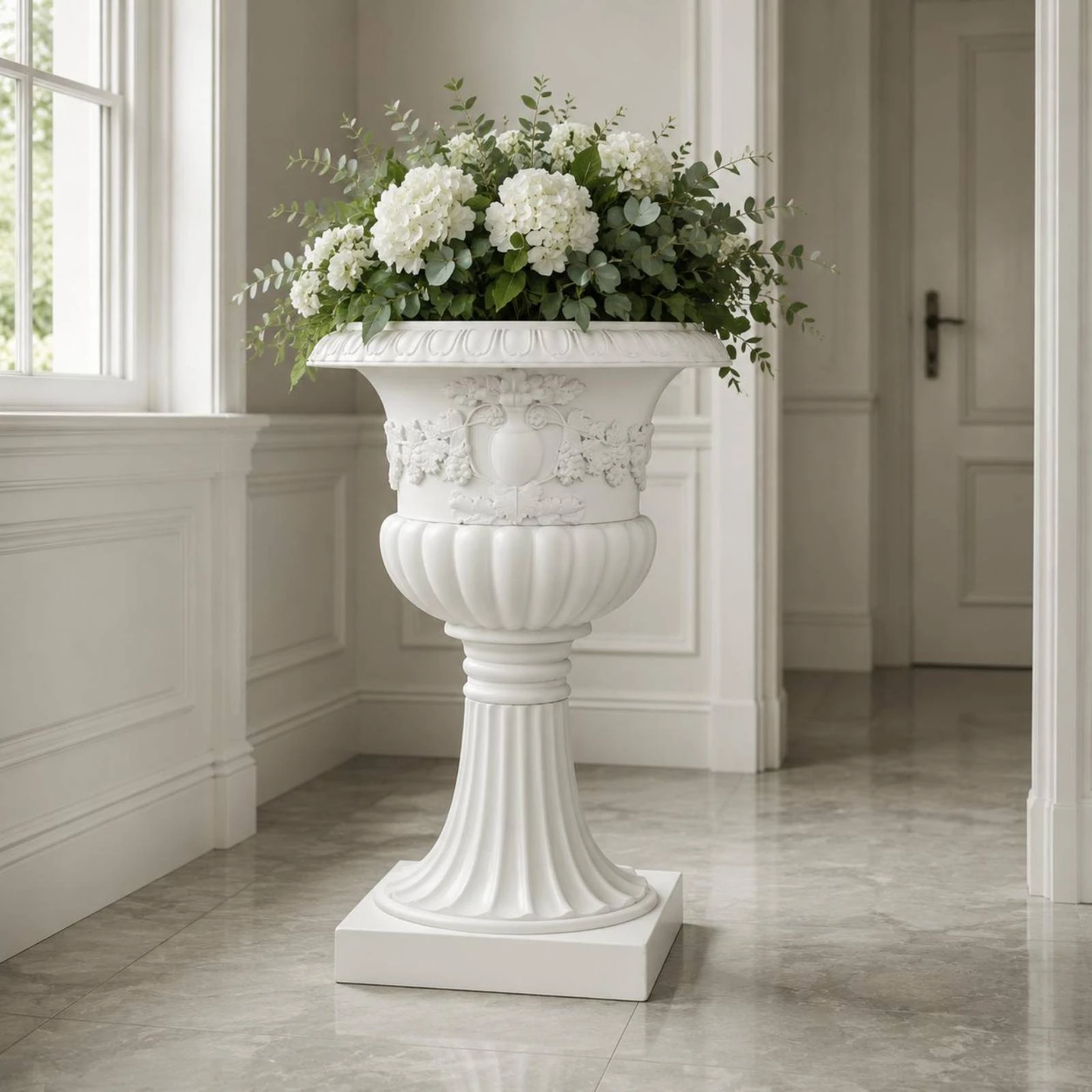 Large Round Pedestal Planter Decorative Wide Mouth Footed Flower Pot Vintage Roman Design Planter Flared Rim Garden Decor