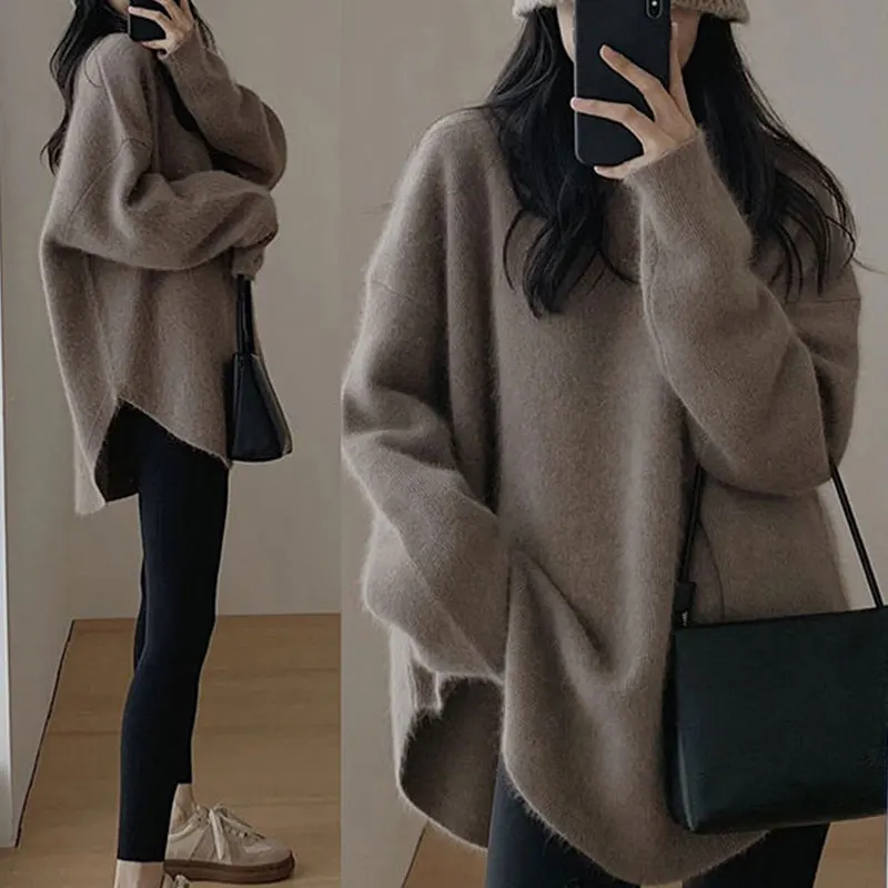 Elegant Fashion Harajuku Slim Fit Female Clothes Loose Casual All Match Tops Women Solid O Neck Insert Long Sleeve Sweaters