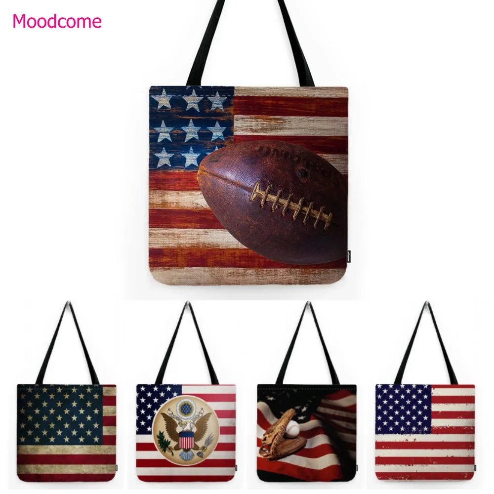 US Flag Independent Day Theme Art Water Resistant Cotton Linen Shoulder Shopper Tote Bag Large Grocery Shoulder Hand  Bag