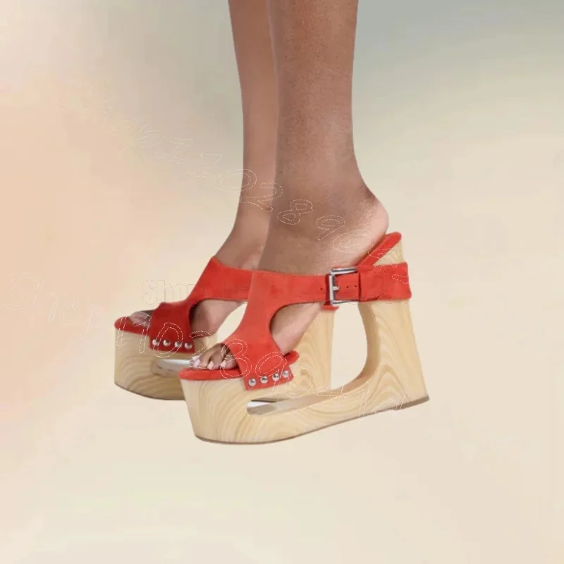 

Orange Wooden Strange Style Heels Platform Slippers Buckle Strap Women Shoes Open Toe New Party Banquet 2025 Zapatos Para Mujere