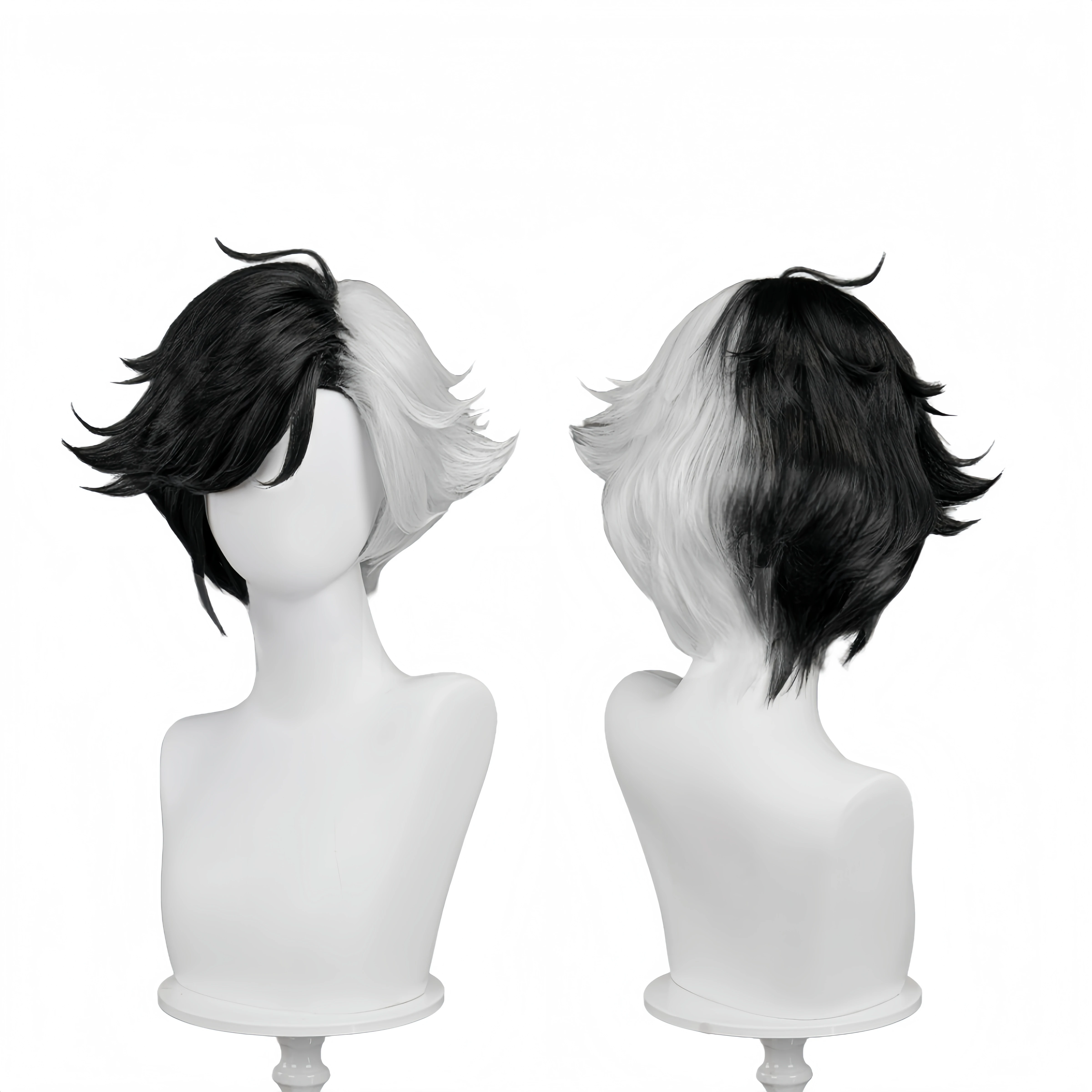 المنافسين لونا سنو المرأة شعر مستعار تأثيري 35 سنتيمتر أسود أبيض قصير الشعر مقاومة للحرارة بيروكات صناعية هالوين زي اكسسوارات