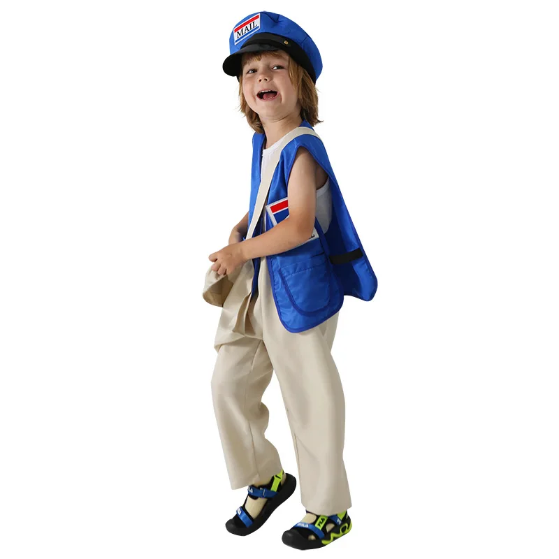 Uniforme de courrier cosplay pour garçons et filles, postier professionnel, costume d'Halloween pour enfants avec chapeau