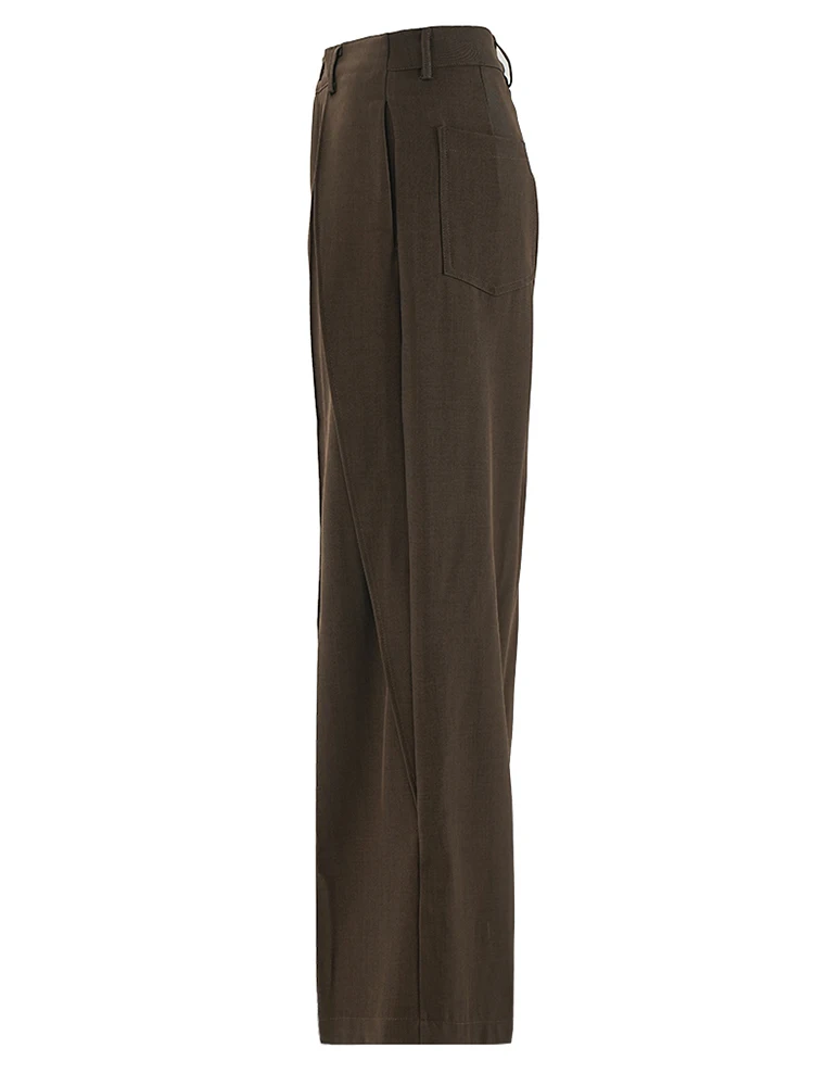 [EAM] High Waist Brown Pleated Shaped Long Wide Leg Elegant Pants New Trousers Women Fashion Tide Spring Autumn 2024 CPG2118