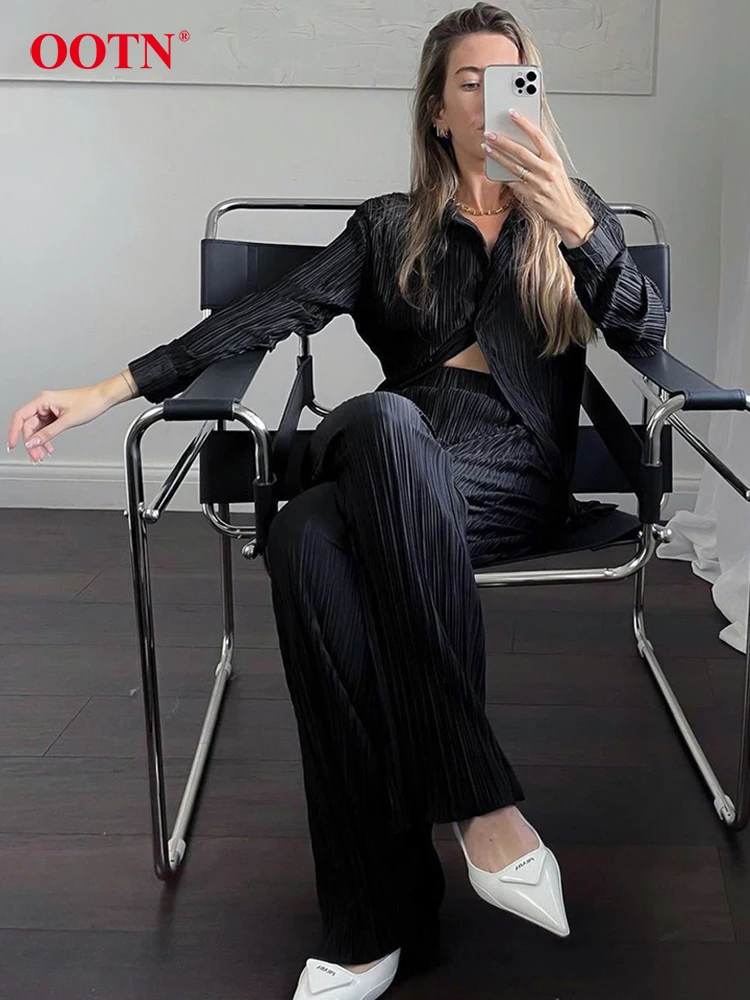 OOTN Office Pleated Pant Suits Elegant Long Sleeve Lapel Shirts Elastic Waist Trousers Two Piece Sets Women Outfits Autumn 2023