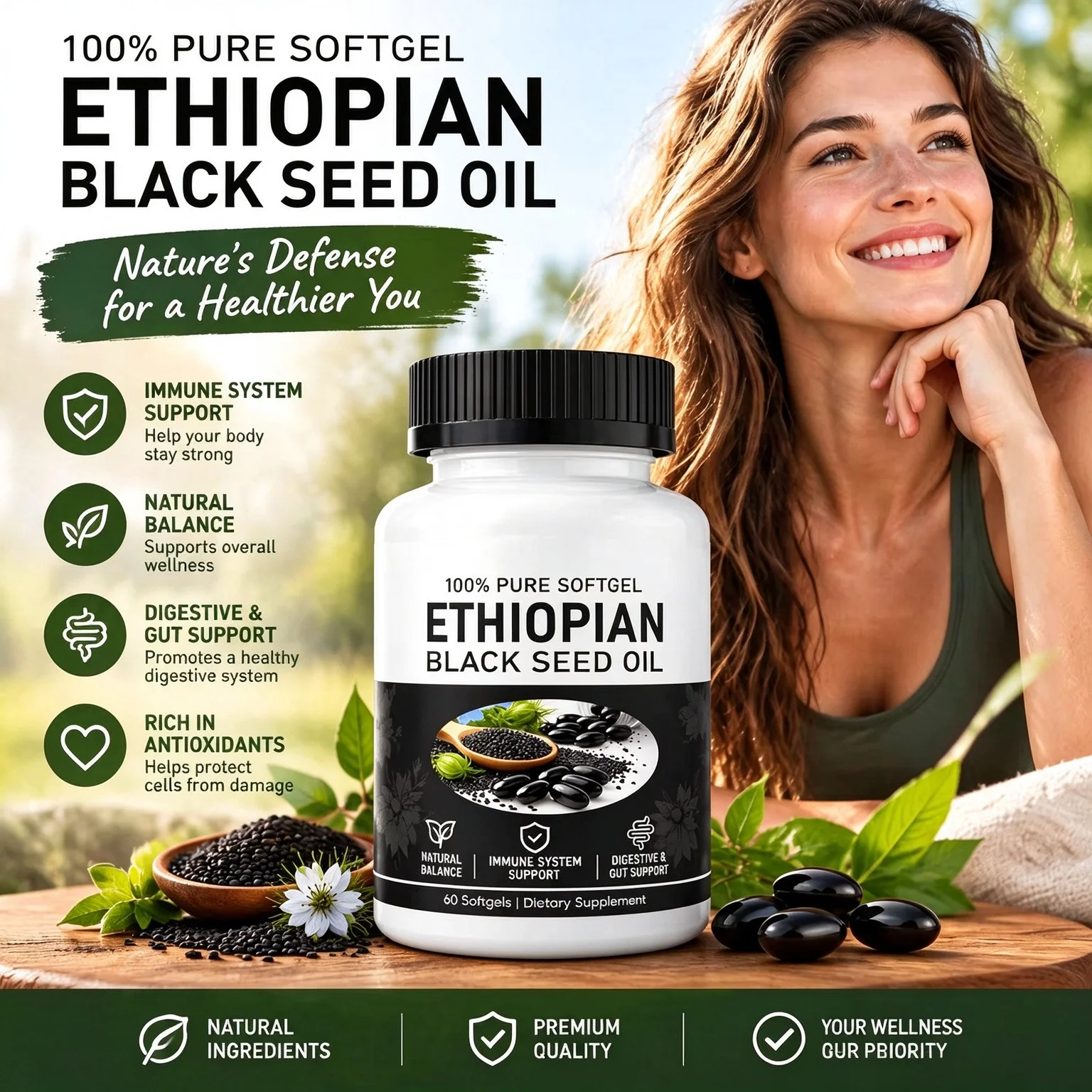 Ethiopian Black Seed Oil Softgels 60 Count Natural Thymoquinone Mental Clarity Focus Energy Immune Gut Health Vegan Supplement
